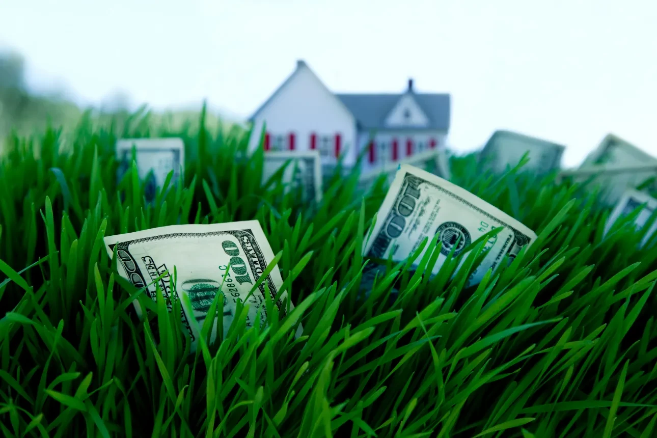 Dollar bills in grass with houses — home value